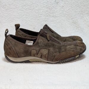 Merrell Barrado Women's 9 Leather Brown Suede Slip-On Loafers Zip Casual Low Cut